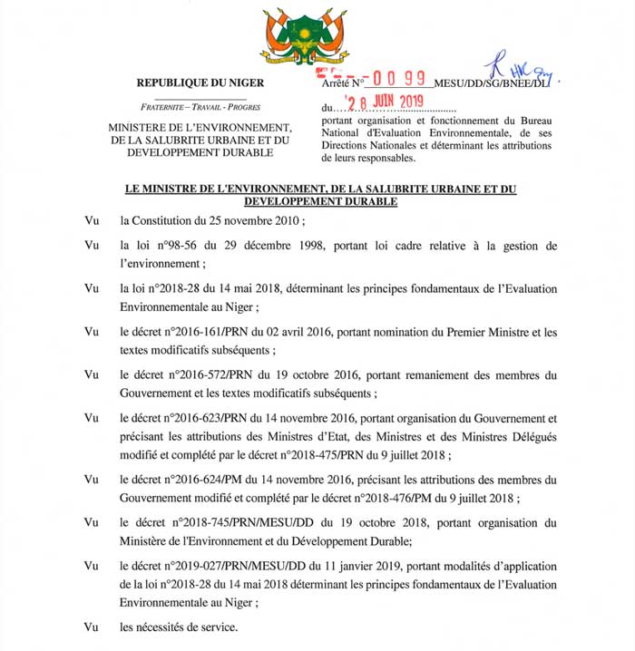 Arreté N°0099 du 28 juin 2019 organisation du BNEE